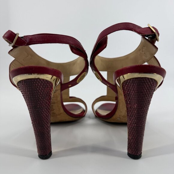 Jimmy Choo Napa Watersnake Burgundy T-Strap Heeled Sandals - Picture 4 of 9